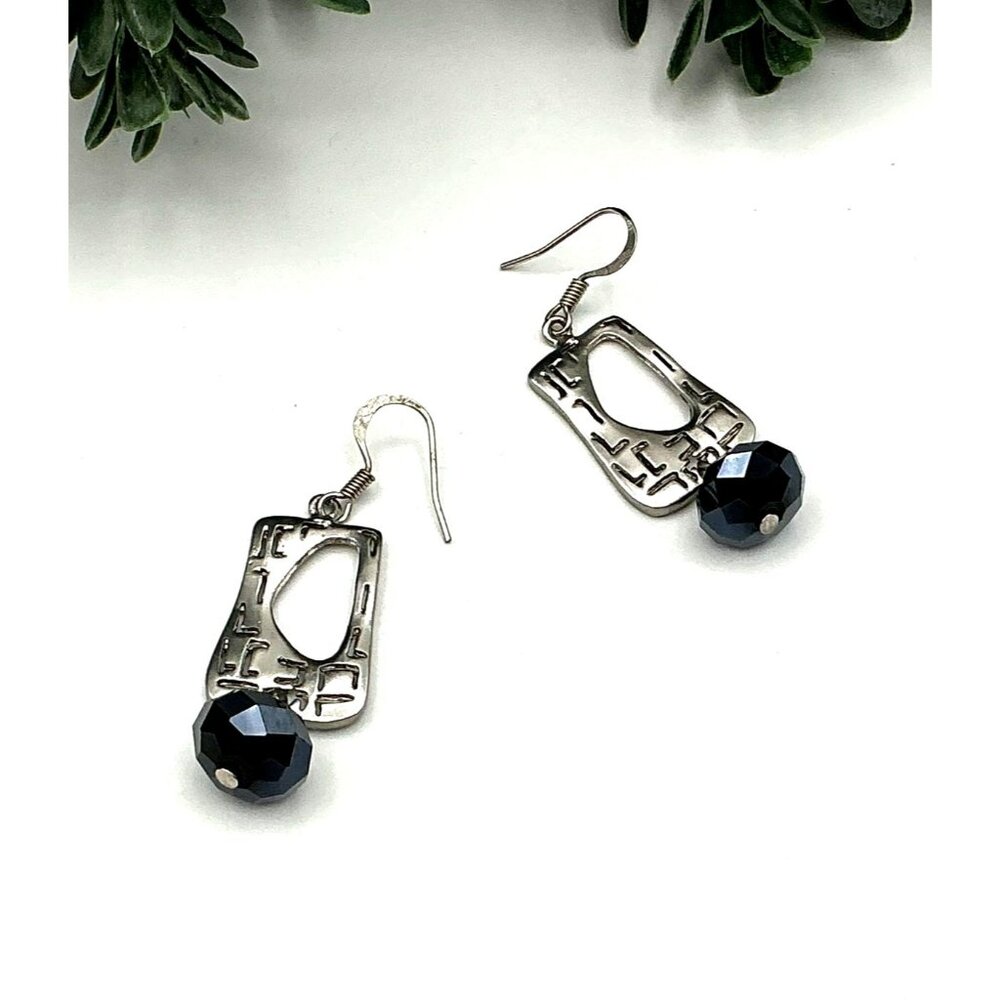 Silver Tone Geometric Drop Earrings With Black Faceted Beads